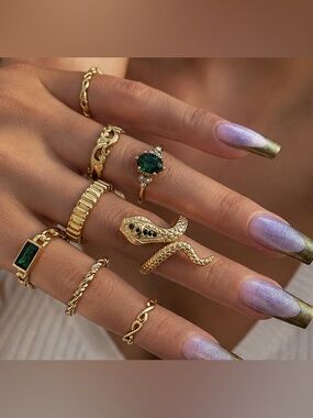 Gold Snake Statement Ring with Green Gem - Women Jewelry